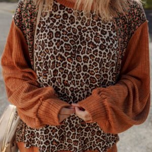 Brown Leopard Floral Print Ribbed Puff Sleeve Patchwork Loose Pullover