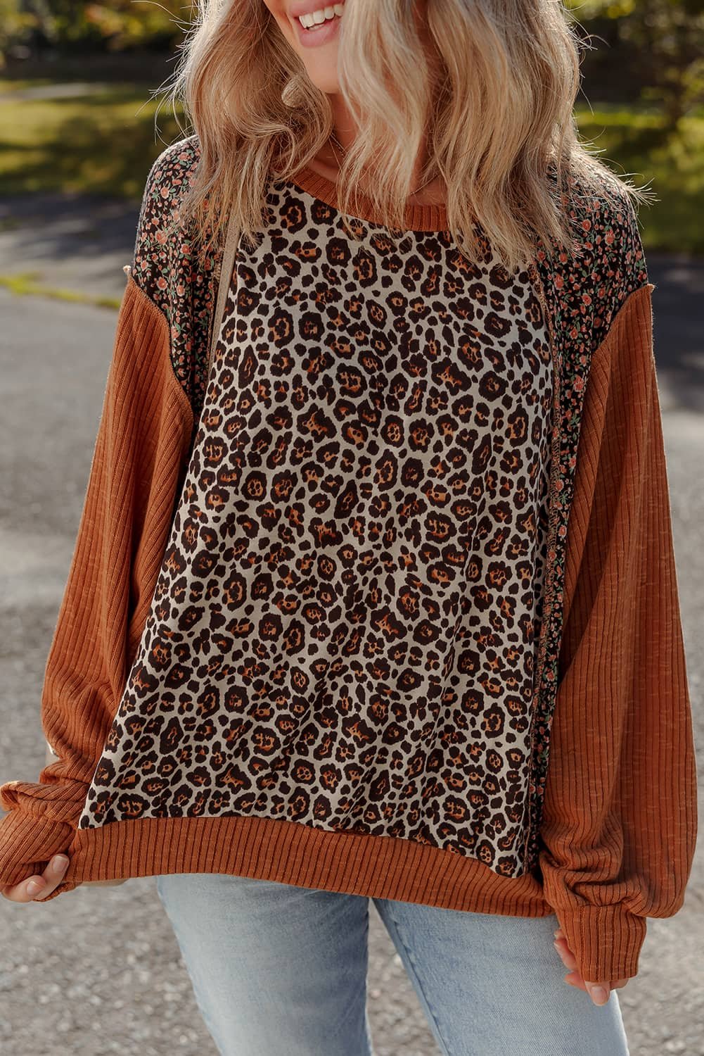 Brown Leopard Floral Print Ribbed Puff Sleeve Patchwork Loose Pullover
