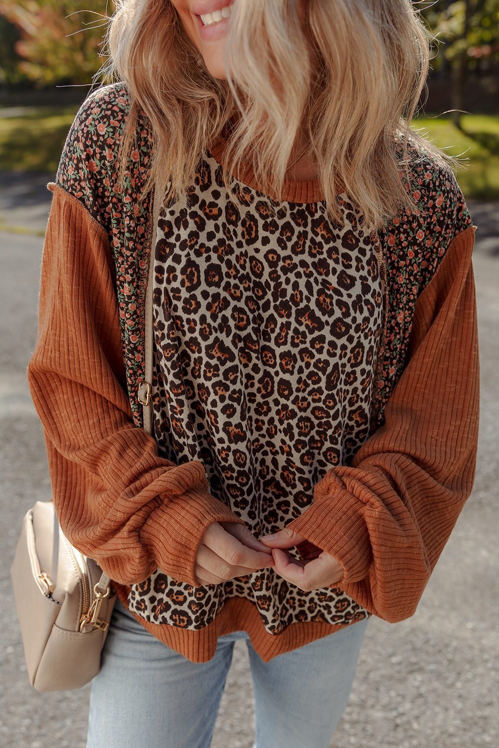 Brown Leopard Floral Print Ribbed Puff Sleeve Patchwork Loose Pullover