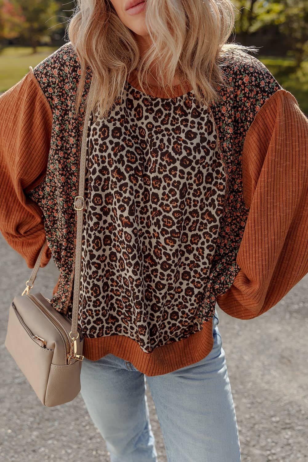 Brown Leopard Floral Print Ribbed Puff Sleeve Patchwork Loose Pullover
