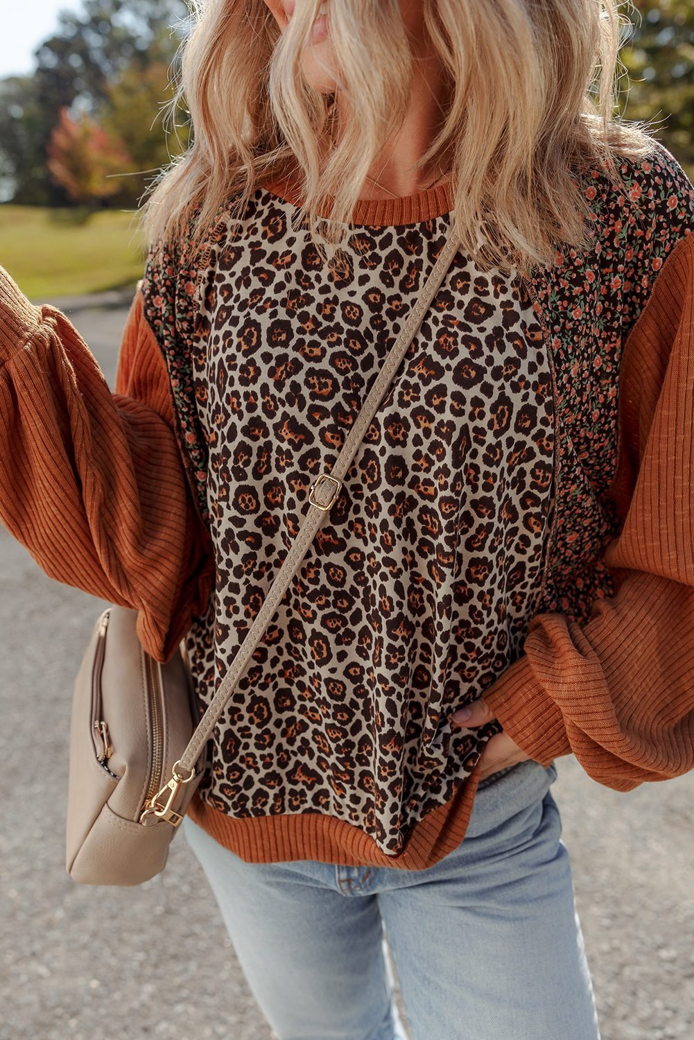 Brown Leopard Floral Print Ribbed Puff Sleeve Patchwork Loose Pullover