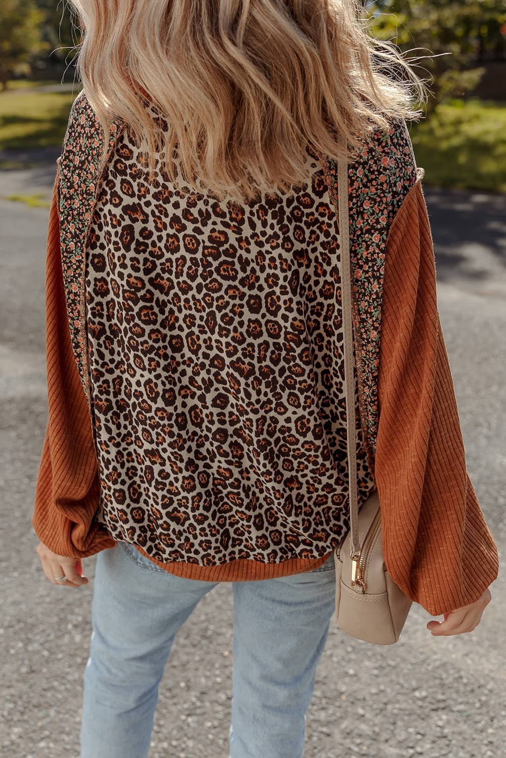 Brown Leopard Floral Print Ribbed Puff Sleeve Patchwork Loose Pullover
