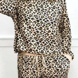 Brown Leopard Print Contrast Trim Long Sleeve Pullover Drawstring Shorts 2Pcs Outfit