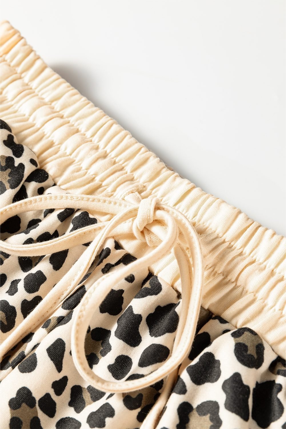 Brown Leopard Print Contrast Trim Long Sleeve Pullover Drawstring Shorts 2Pcs Outfit