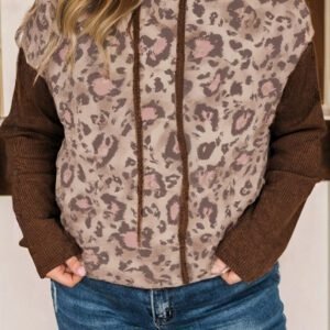Brown Leopard Print Knit Patchwork Plus Hoodie