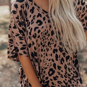 Brown Leopard Print V Neck Half Sleeve Oversized Tee