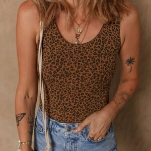Brown Leopard Printed Sleeveless Scoop Neck Bodysuit