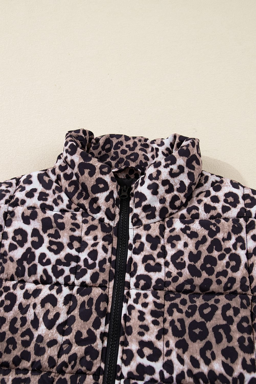 Brown Leopard Quilted Full Zipper Casual Puff Vest