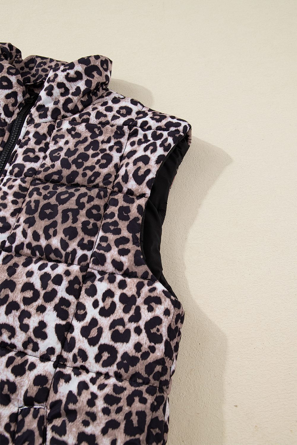 Brown Leopard Quilted Full Zipper Casual Puff Vest