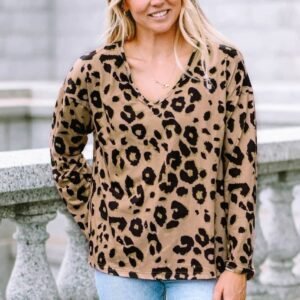 Brown Leopard Split Joint V Neck Long Sleeve Tops