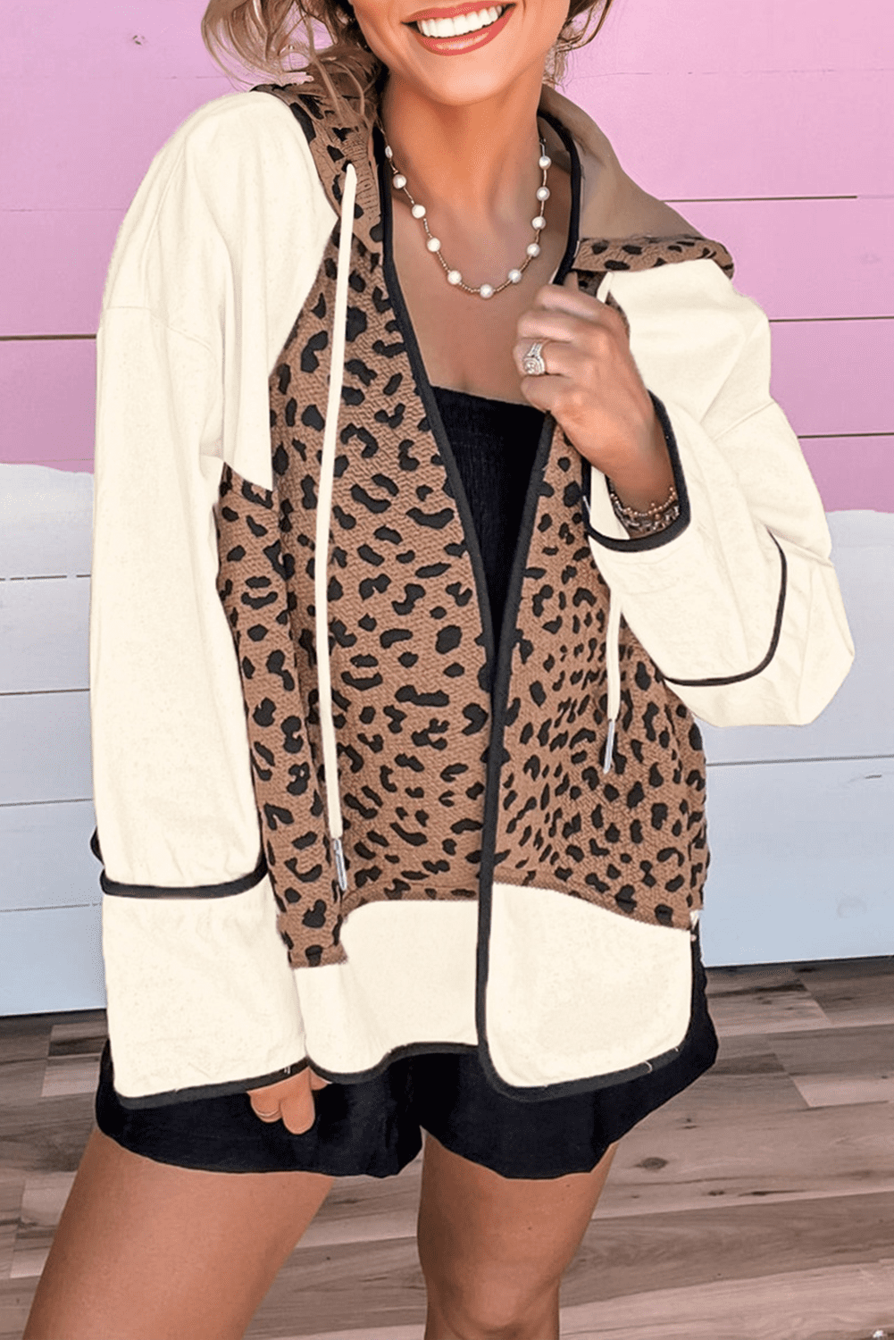 Brown Leopard Star Hooded Patchwork Contrast Piping Open Front Jacket