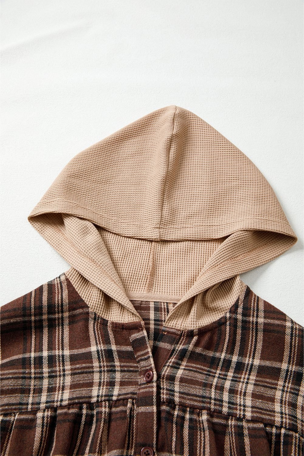 Brown Plaid Patchwork Long Sleeve Button Hooded Blouse