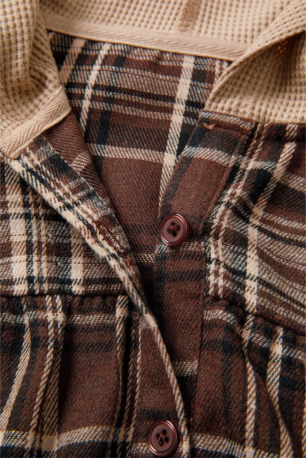 Brown Plaid Patchwork Long Sleeve Button Hooded Blouse