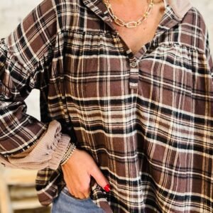 Brown Plaid Patchwork Long Sleeve Button Hooded Blouse