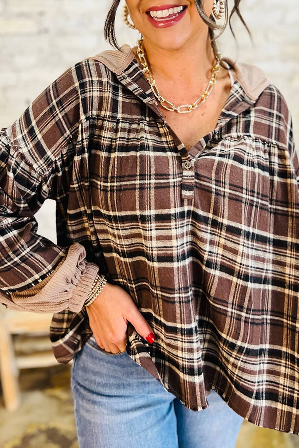 Brown Plaid Patchwork Long Sleeve Button Hooded Blouse