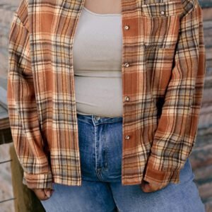 Brown Plaid Print Flap Pocket Buttoned Plus Size Shacket