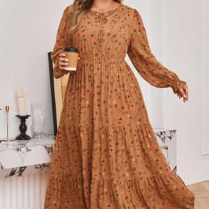 Brown Plus Size Floral Split V Neck Ruffled Sleeve Tiered Maxi Dress