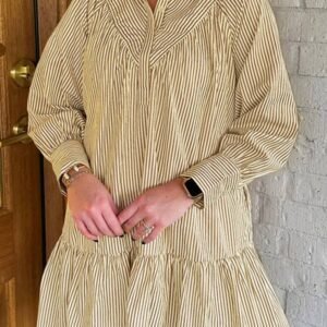 Brown Stripe Collared Neck Cuffed Long Sleeve Drop Waist Mini Dress