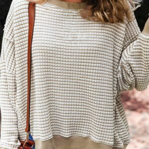 Brown Stripe Plus Size Breathable Knit Ribbed Trim Long Sleeve Top