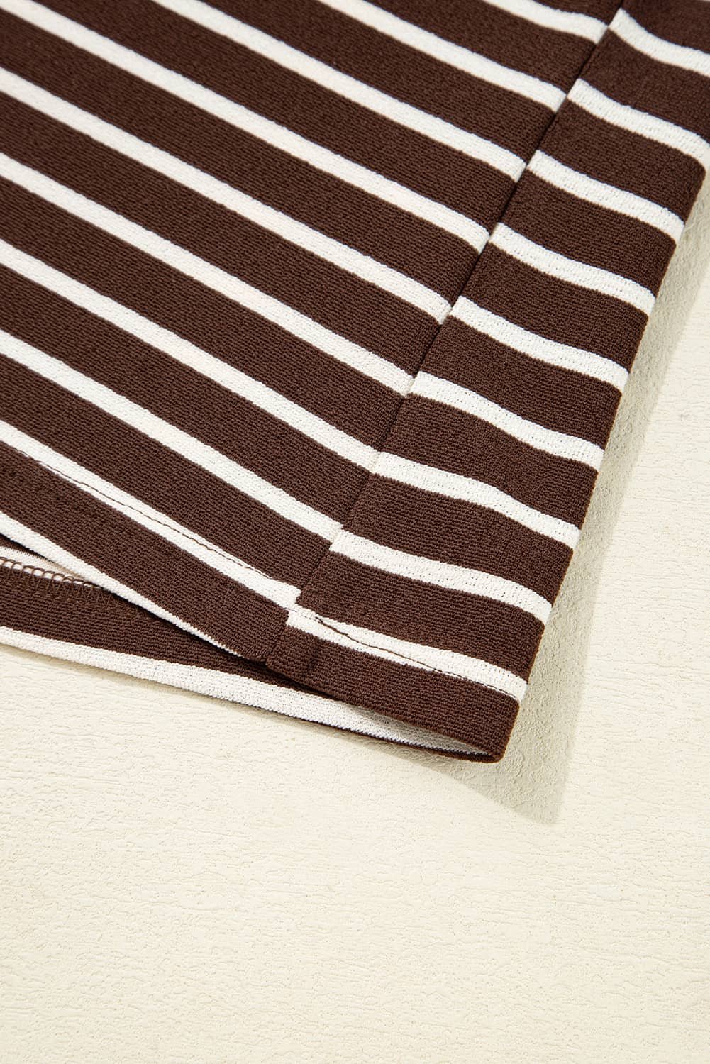 Brown Stripe Ribbed Cropped Crew Neck Long Sleeve T Shirt