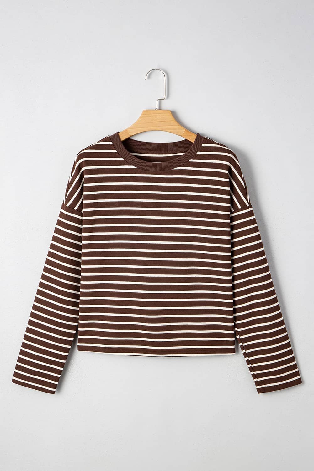 Brown Stripe Ribbed Cropped Crew Neck Long Sleeve T Shirt