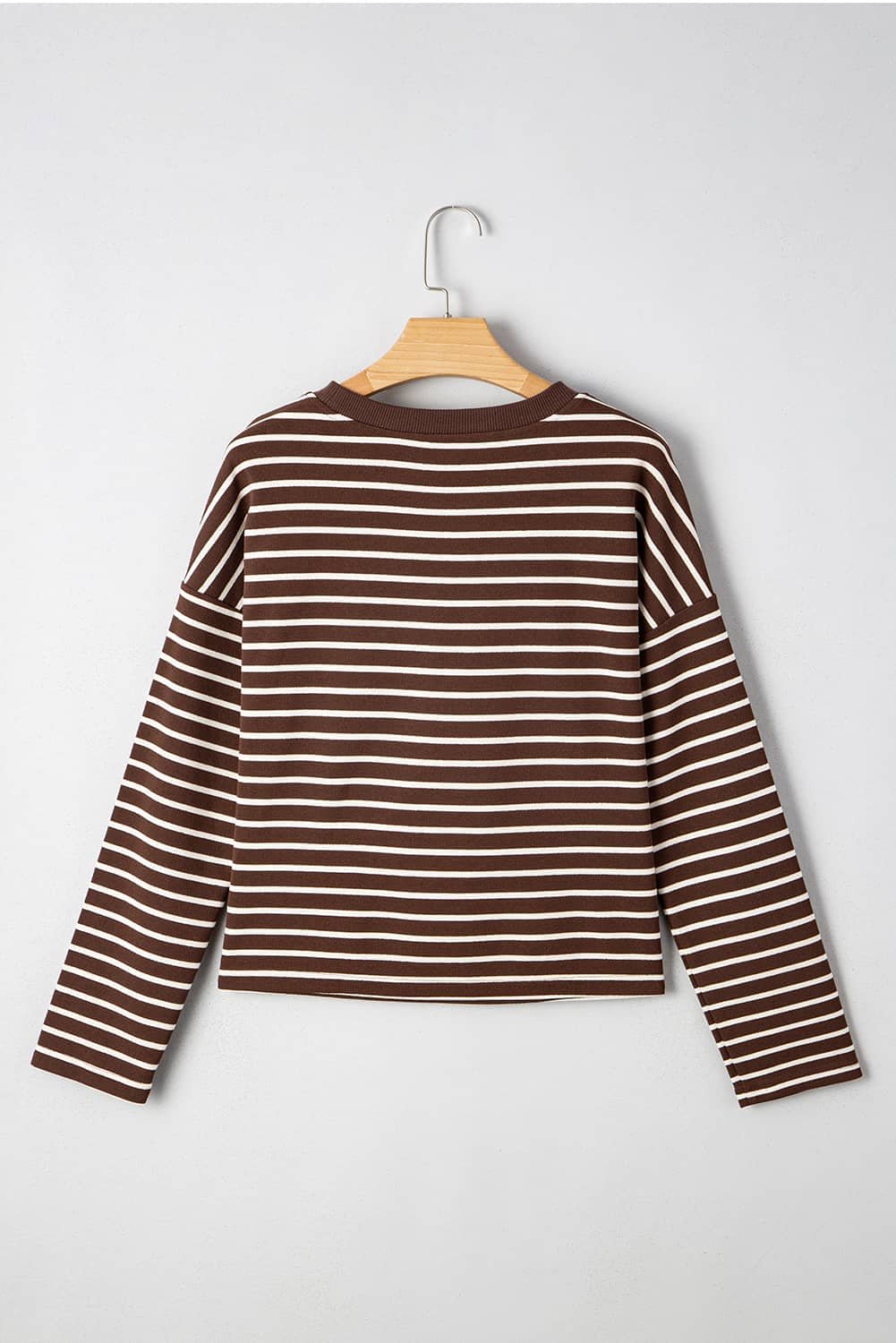 Brown Stripe Ribbed Cropped Crew Neck Long Sleeve T Shirt