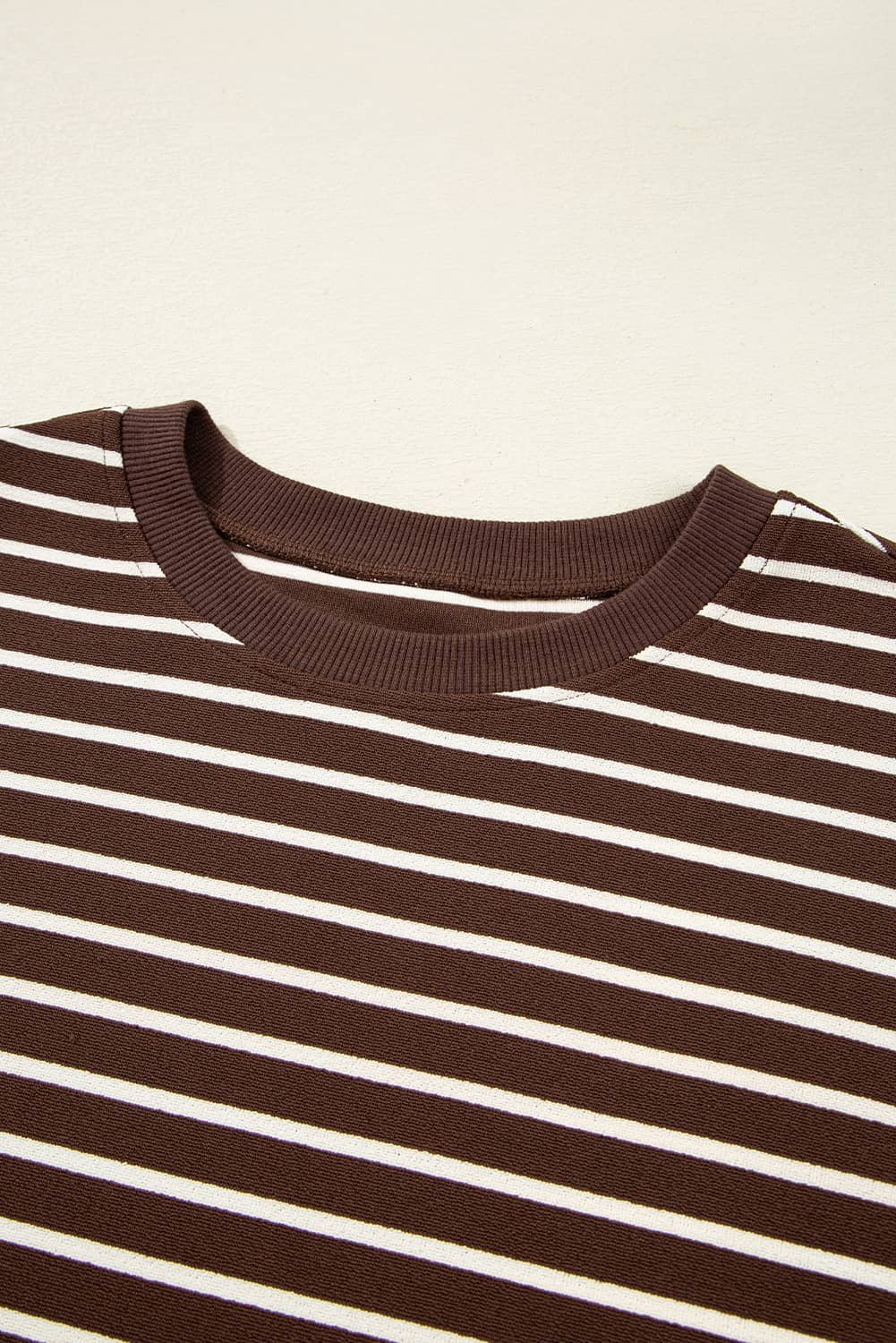 Brown Stripe Ribbed Cropped Crew Neck Long Sleeve T Shirt