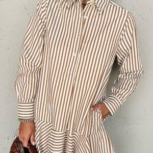 Brown Stripe Ruffled Hem Collared Long Sleeve Shirt Mini Dress
