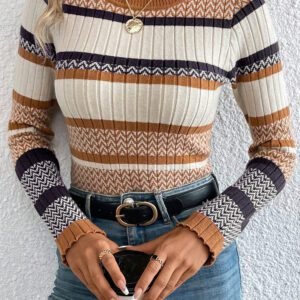 Brown Stripe Stylish Pattern Knitted Ribbed Trim Slim Sweater