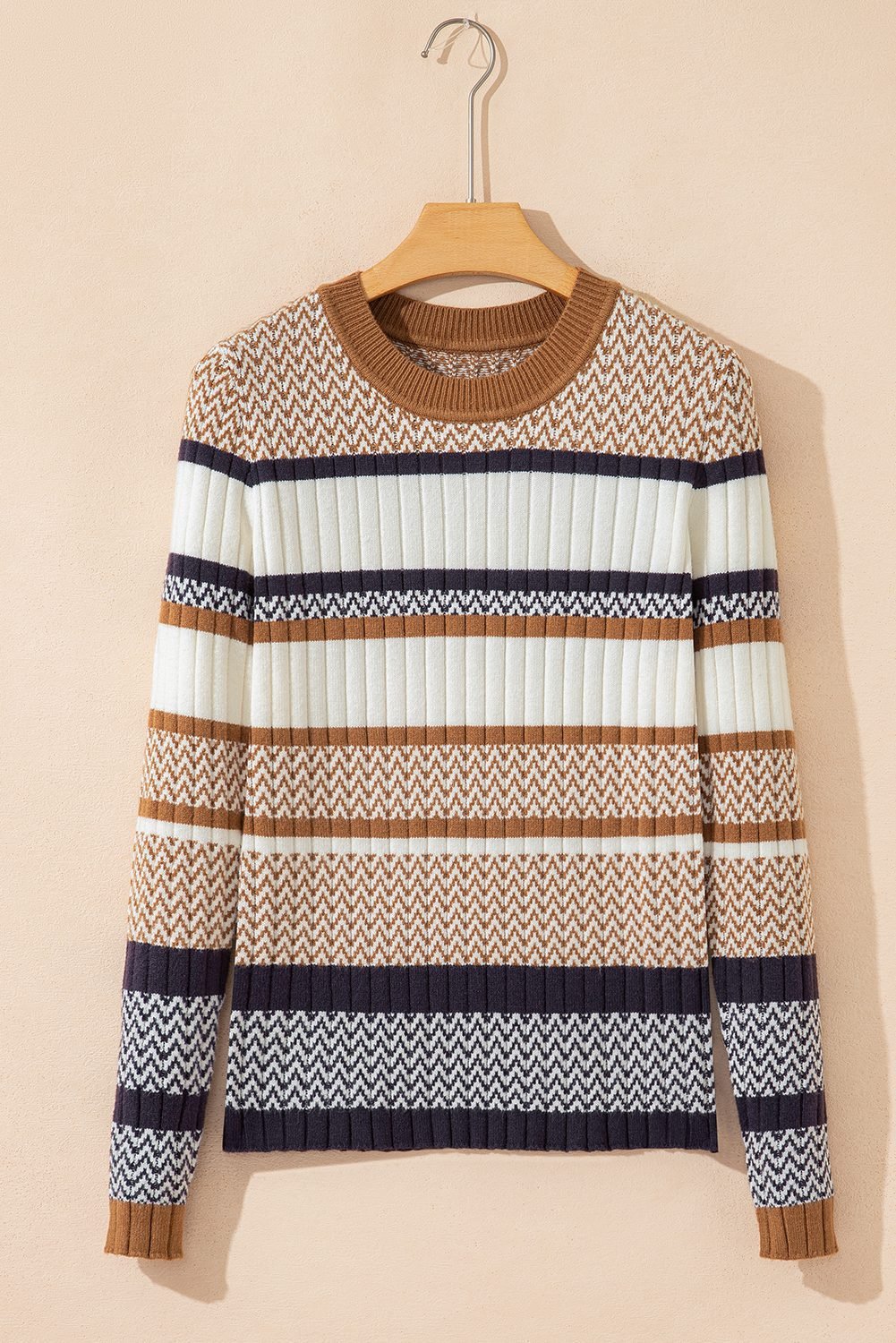 Brown Stripe Stylish Pattern Knitted Ribbed Trim Slim Sweater