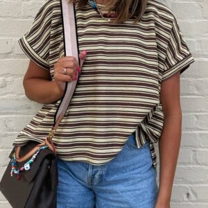 Brown Stripe Textured Side Slits Crew Neck T Shirt