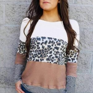Brown Stripes Leopard Splicing Colorblock Long Sleeve Top