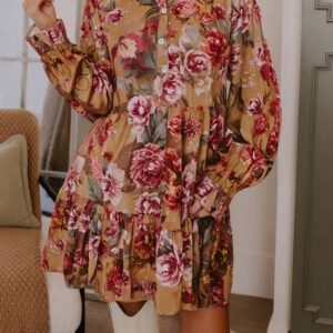 Brown Vintage Floral Print Shirt Style Half Button Long Sleeve Ruffle Mini Dress