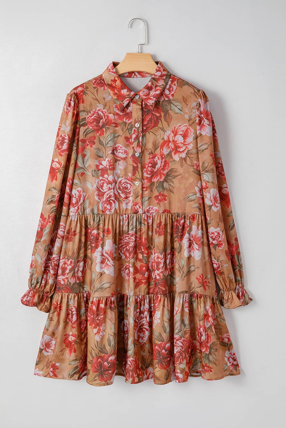 Brown Vintage Floral Print Shirt Style Half Button Long Sleeve Ruffle Mini Dress