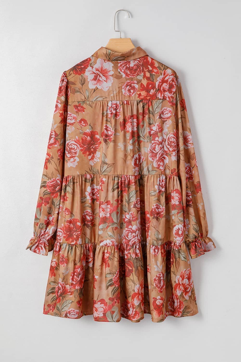 Brown Vintage Floral Print Shirt Style Half Button Long Sleeve Ruffle Mini Dress