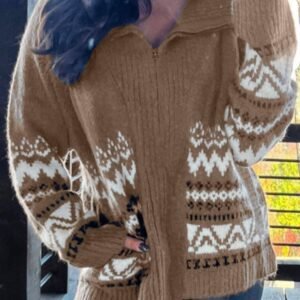 Brown Western Printed Ribbed Trim Collared Zip Up Cardigan