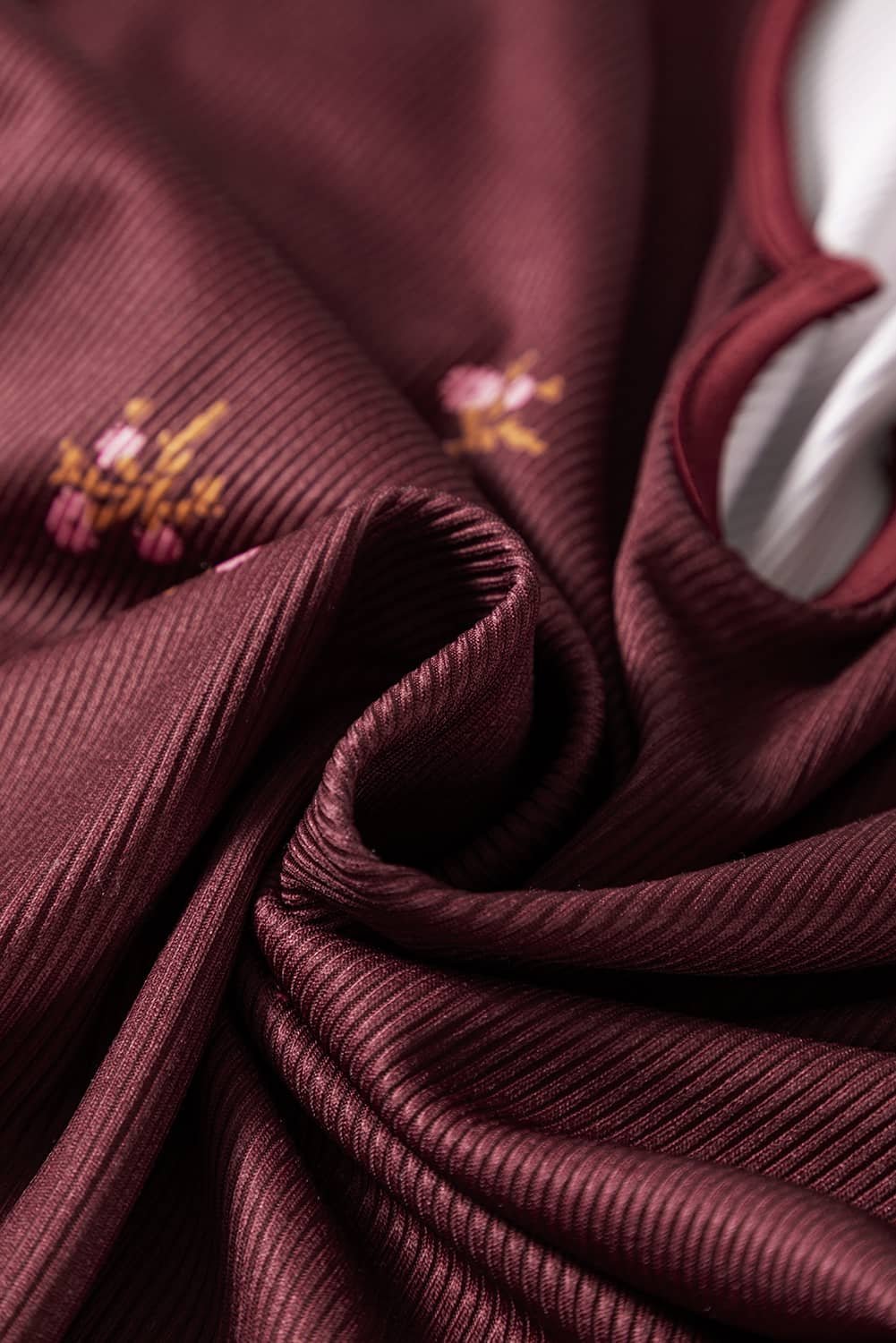 Burgundy Notched Neck Floral Print Ribbed Long Sleeve Top