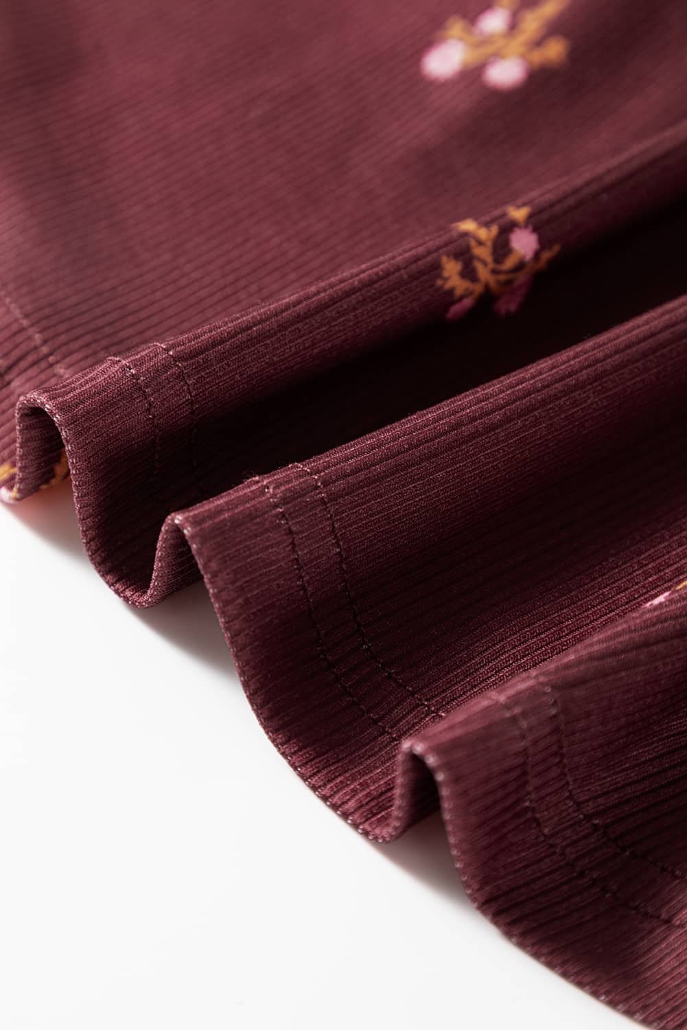 Burgundy Notched Neck Floral Print Ribbed Long Sleeve Top