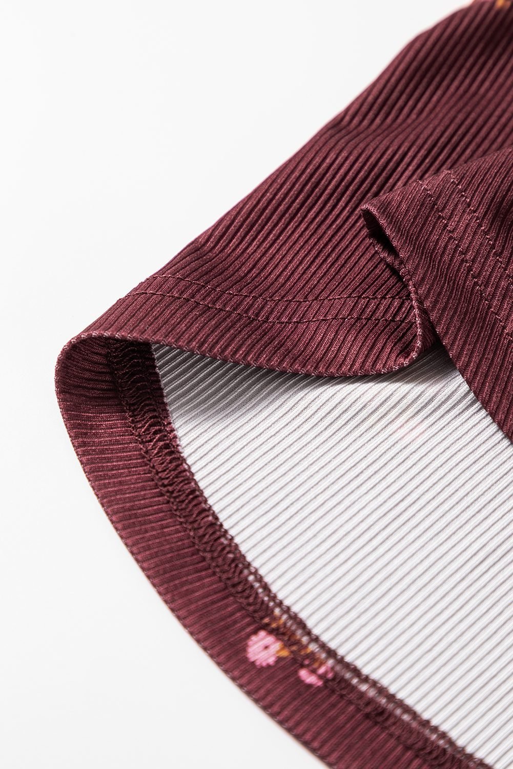 Burgundy Notched Neck Floral Print Ribbed Long Sleeve Top