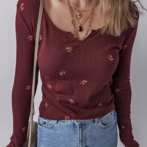 Burgundy Notched Neck Floral Print Ribbed Long Sleeve Top