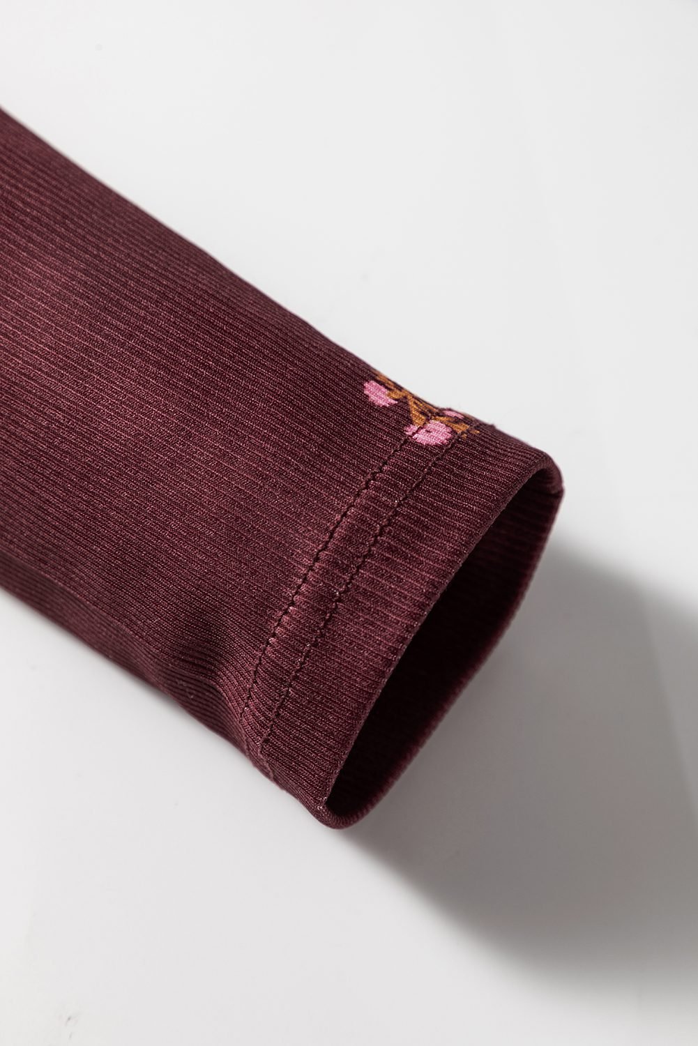 Burgundy Notched Neck Floral Print Ribbed Long Sleeve Top