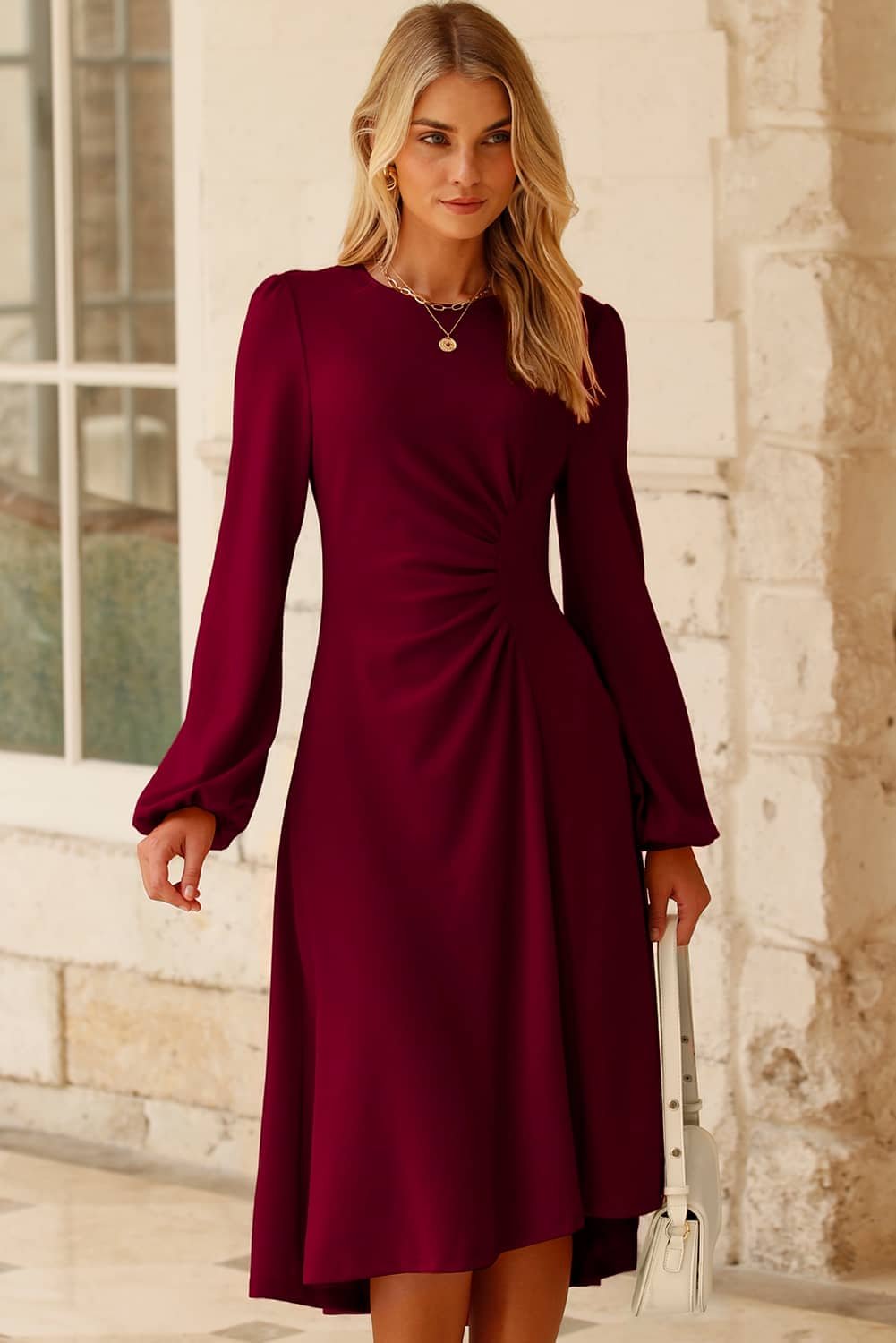 Burgundy Solid Color Ruched Detail Long Sleeve Midi Dress