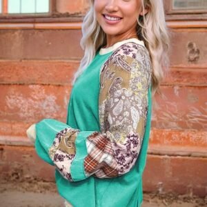 Aruba Blue Plaid Vintage Paisley Patchwork Long Sleeve Raglan Top