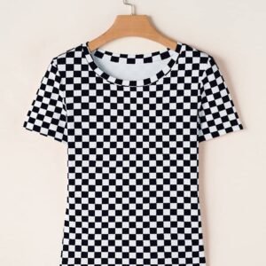 Black Checkered Ribbed Slim Fit Crew Neck T Shirt