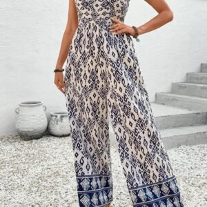 Blue Boho Geometric Print Shirred High Waist Wide Leg Jumpsuit