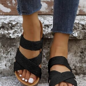 Black Linen Woven Cross Criss Hollowed Slip-On Slippers