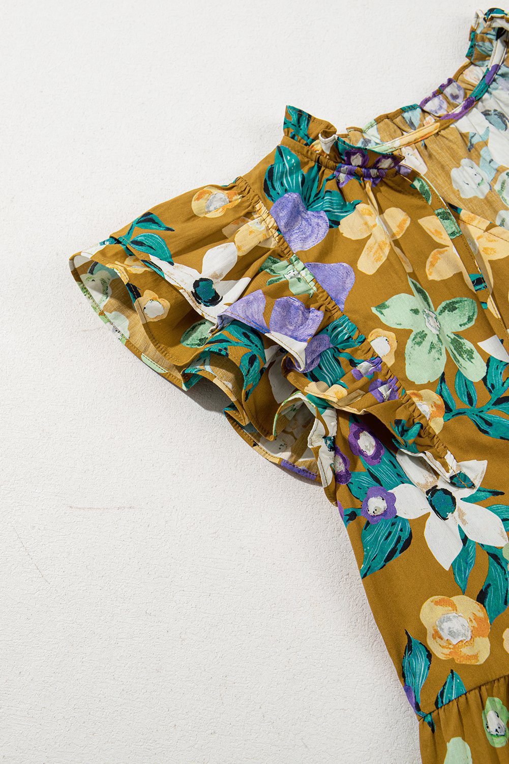 Yellow Floral Print Tiered Flutter Sleeve V Neck Top