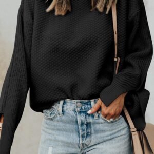 Black Solid Textured Knit Split Cuff Drop Shoulder Loose Sweater