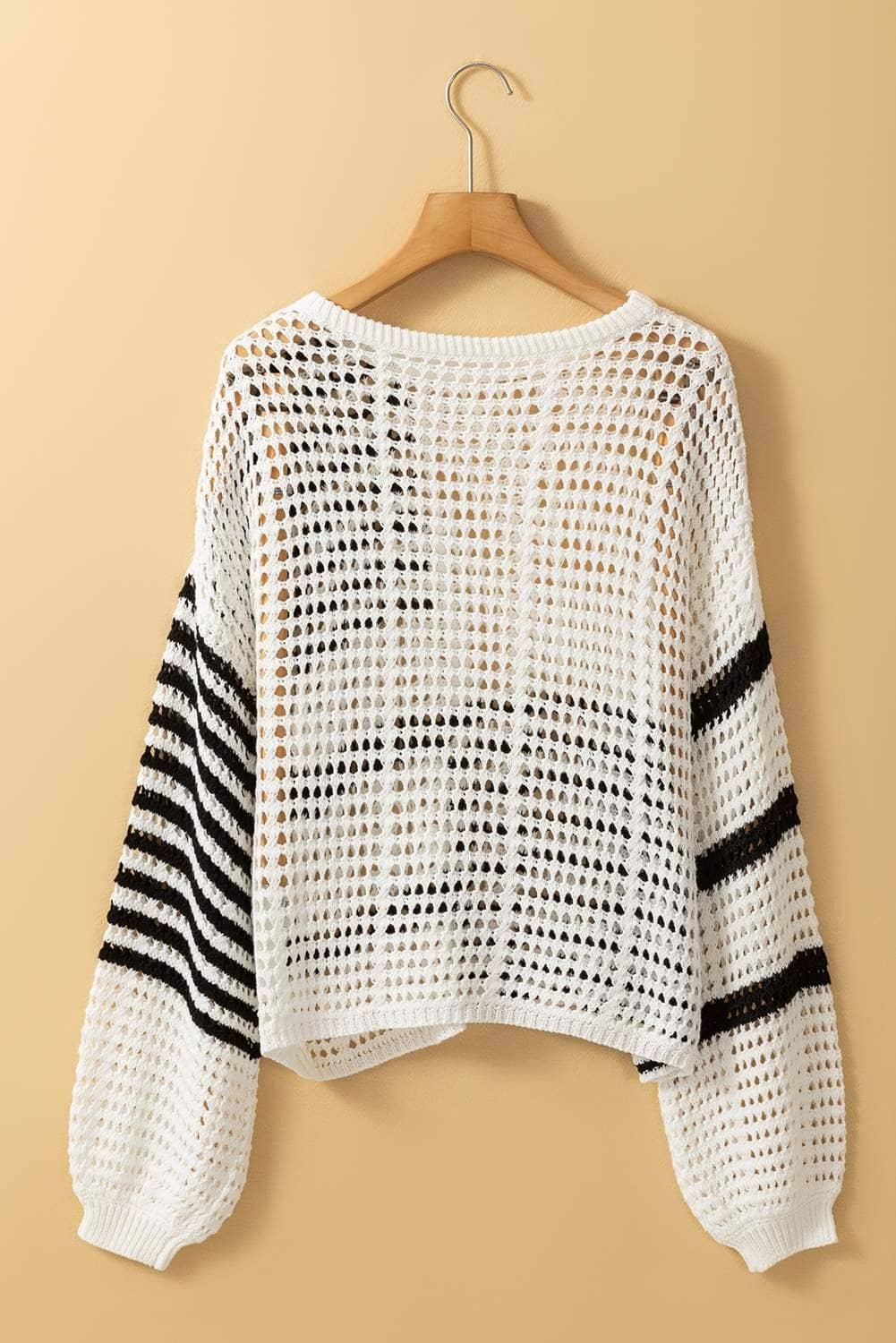 White Stripe Hollow-Out Openwork Knit Puff Sleeve Sweater
