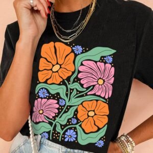Black Colorful Flower Graphic Crewneck Summer Tee
